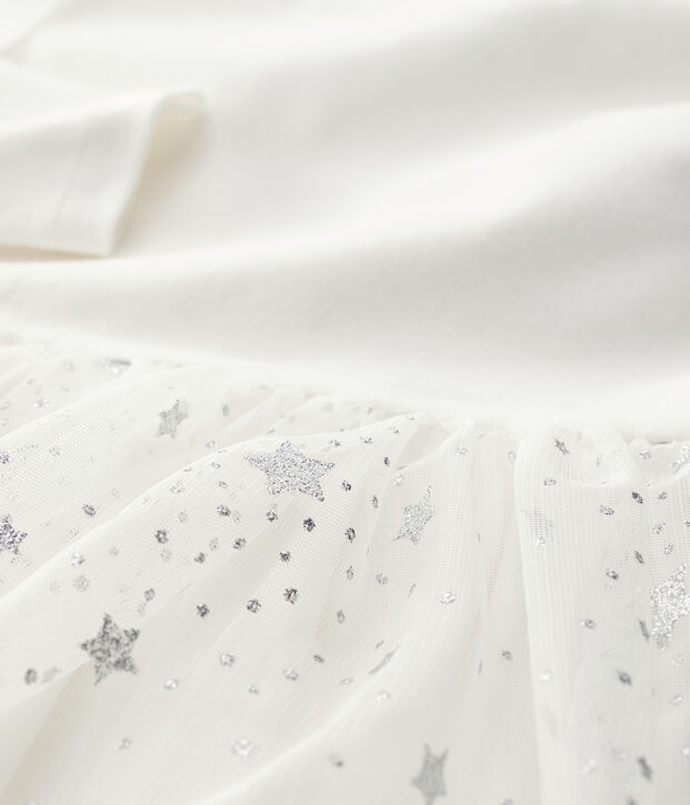 Robe manches longues coton et tulle enfant fille blanc/gris